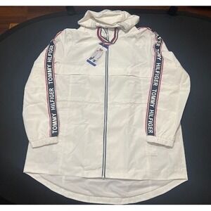 Tommy Hilfiger Women's Long Full‎ Zip Hooded Windbreaker White Jacket NWT - L